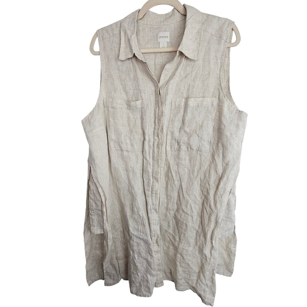 Chicos Womens 100% Linen Top Size XL Lagenlook Coastal Grandma Resortwear Tan